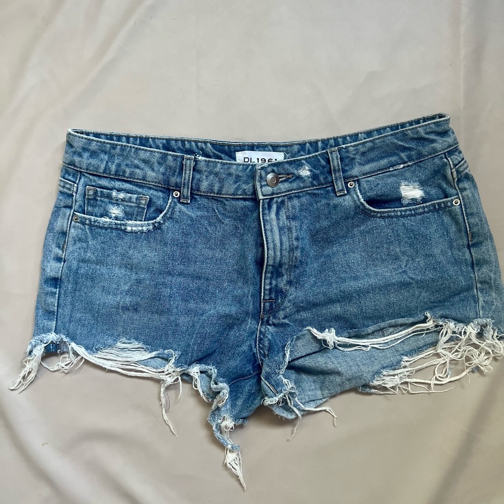 DL1961 Frayed Hem Distressed Denim Shorts in Blue